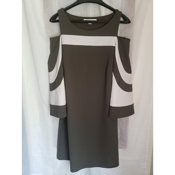 Boston Proper Dress Sz M Color Block Cold Shoulder Olive Green (Light Staining) - Picture 1 of 16